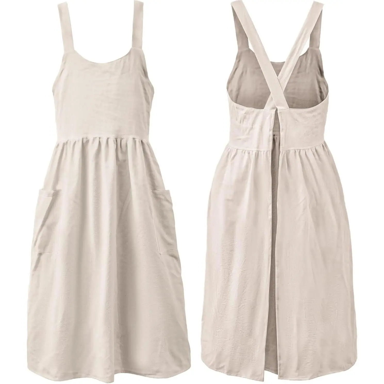 Cotton Linen Apron   Work Apron for Women with Pockets Pinafore Dress X  Halter Apron for Chef Gardening
