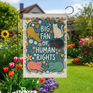 Big Fan Of Human Rights Garden Flag Retro Floral Yard Decor Cat Lover