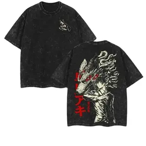Men's Stylish Short-Sleeve Cotton Top - Vintage Washed Oversized Unisex Chainsaw Man Aki Hayakawa Fox Devil Anime Graphic T-Shirt, Retro Manga Streetwear, Fan Gift