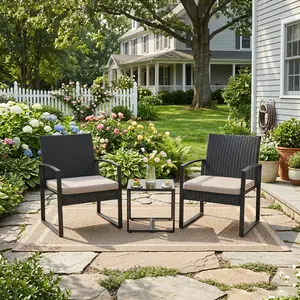 Black 3-Piece Wicker Outdoor Patio Furniture Set - Rocking Chairs, Side Table, and Cushions for Balcony Porch Decor