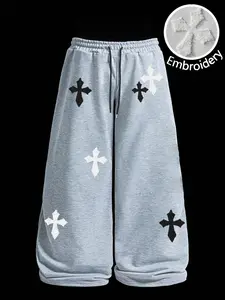 Men's Light Grey Baggy Sweatpants with Black & White Cross Embroidery Gothic Streetwear Wide Leg Pants, Gen Z Appeal, for Gen Z Dark Aesthetic and Alternative Fashion Lovers, Street Style Music Festivals, Casual Urban Wear