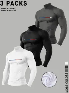 Men's High-Neck Compression Shirts 3-Pack, Paris-Inspired Design, Long-Sleeve, Slim Fit, Moisture-Wicking Fabric, Gym, Running, Casual Wear, Gym Workout Shirt