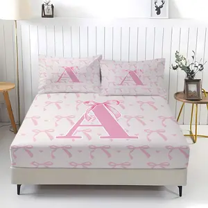 3-Piece Set Of Letter Bow Pattern Bed Sheets, Comfortable Printed Pattern, Including 1 Bed Sheet And 2 Pillowcases, Comfortable Bedding, Non Slip Suitable For Bedrooms, Suitable For Adult Gifts