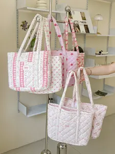Sweet Bow Pattern Quilted Work Bags Large Capacity Women's Handbag Pastel Tote Bag Fits Computer Notebooks Books Ideal for Vacation Shopping Beach Casual Commuter Bag Floral Tote