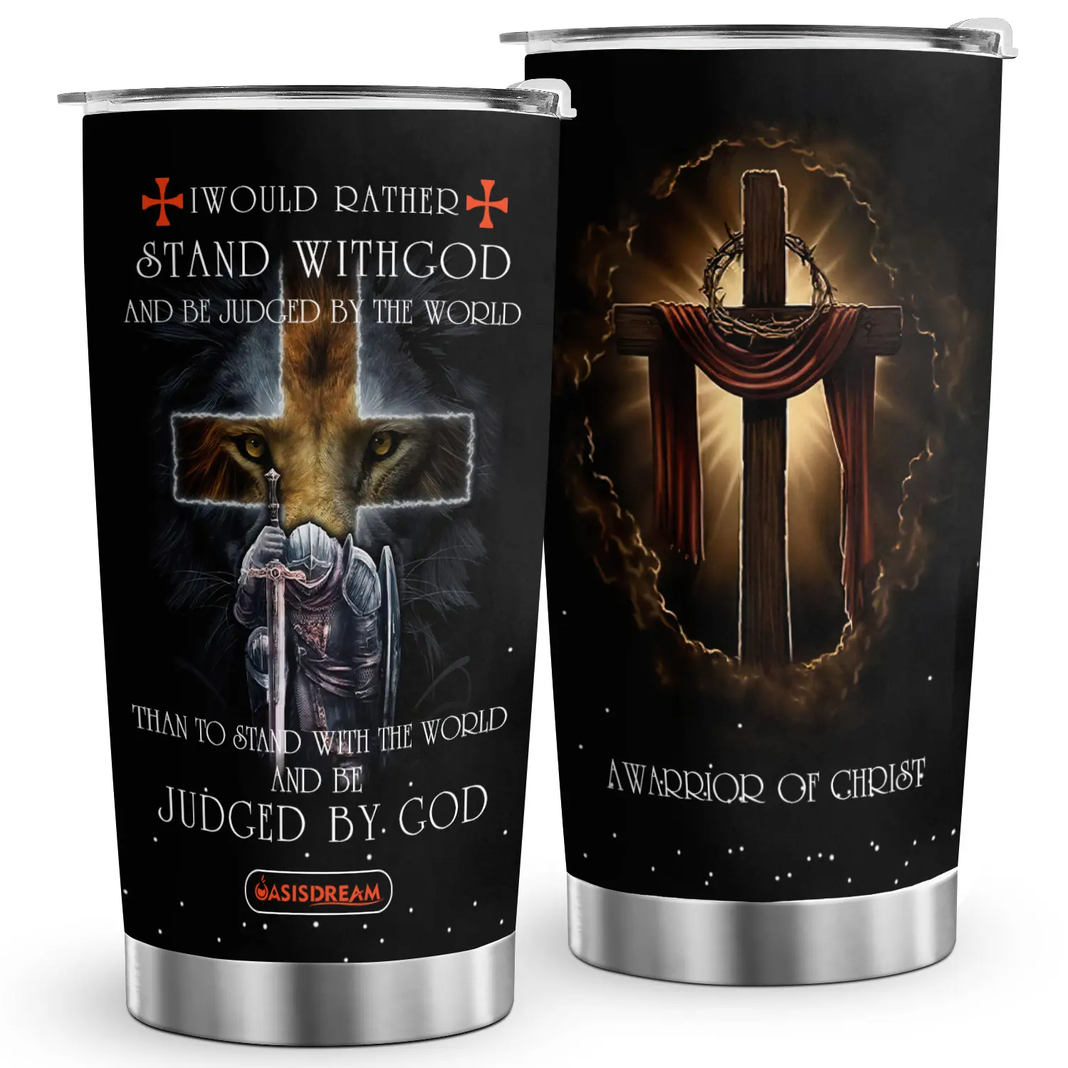 20oz Christian Faith Vacuum-Insulated Stainless Steel Flask - Portable Anti-Scalding Heat-Resistant Coffee Tumbler with Lid, Watercolour Stripes Letters "Warrior of God" Design, Durable Lightweight Religious Gift for Adults