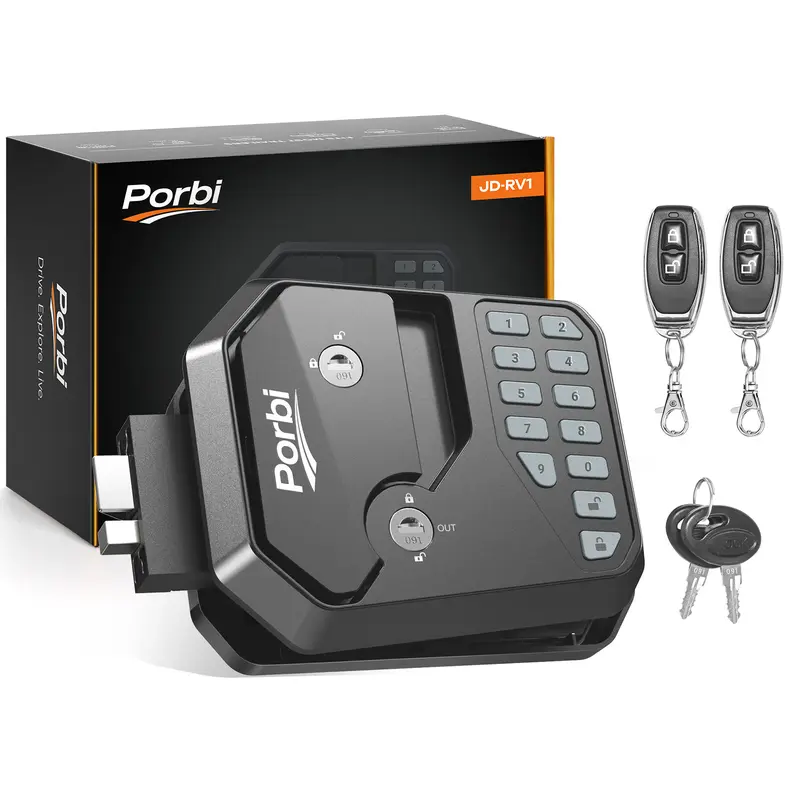 Porbi RV Door Lock Replacement with 12-Digit Keypad Dual-Door Remote Control & Backup Key Durable Waterproof Design for Secure Travel JD-RV1