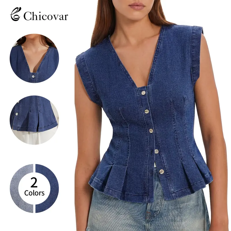 Chicovar Women's Trendy Fitted V-Neck Western Peplum Denim Vest - Button-Down Y2k Pleated Sleeveless Stretchy Jean Top for Everyday Wear, Trip, Casual Fashion