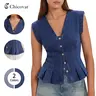 Chicovar Women's Trendy Fitted V-Neck Western Peplum Denim Vest - Button-Down Y2k Pleated Sleeveless Stretchy Jean Top for Everyday Wear, Trip, Casual Fashion