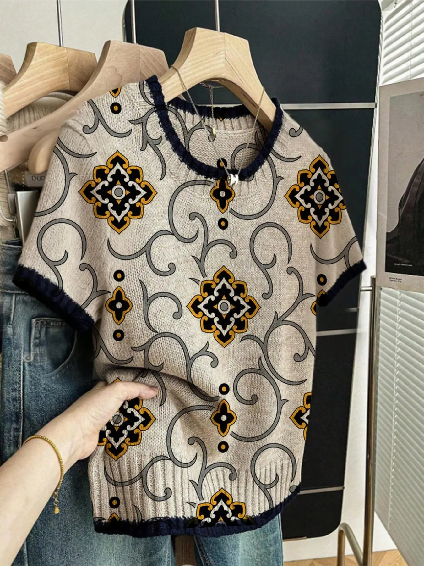 Women's Boho Ethnic Print Round Neck Drop Shoulder Knitted Sweater, Casual Short Sleeve Knitwear for Spring Summer Fall, Comfortable Warm Daily Wear, Casual Pullover Top