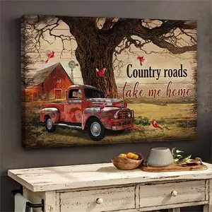 1pc Rustic Framed Canvas Wall Art - Vintage Red Truck & Barn Country Road Scene with Cardinals, Wooden Frame, "Country Roads Take Me Home" Text, Modern Farmhouse Decor for Living Room, Bedroom, Office, Western Home Decor, Countryside Artwork