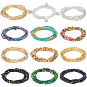 12PCS 24-70 Inches Plus Size Waist Beads Chains for Women Handmade African Belly Beads Layered Body Chain Beach Bikini Jewelry