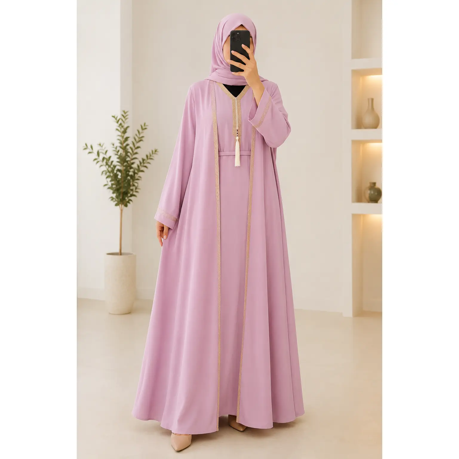 Abaya Set for Women, Elegant Solid Dusty Pink 3-Piece Outfit with Open Front Robe, Inner Dress, and Matching Hijab, Size 58