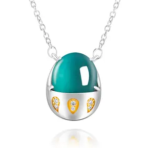 Sliver Natural Green Jade Necklace Cute Dinosaur Egg Design Ice Seed Jadeite Women And Men Pendant Chain