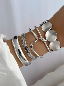 Women's Vintage Exaggerated Bracelet Set, Elegant Geometric Design Silver Color Metal Bangles, Stackable Bracelets, Perfect Gift for All Occasions, Bracelet Jewelry