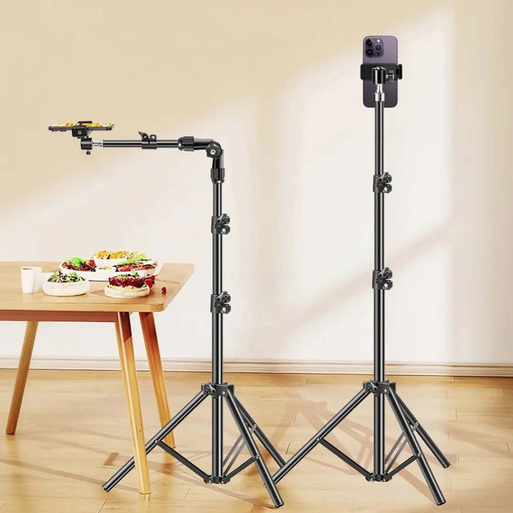 Adjustable Metal Floor Standing Tripod, Telescopic up to 66.93inch Stand with Free Rotating Overhead Arm for Live Streaming, Photography, Vlog Recording and Cooking Video, Overhead Stand, Multi-Functional Stand