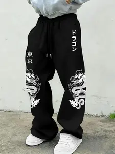 Unisex Tokyo Dragon Graphic Baggy Pants | Japanese Streetwear Wide-Leg Joggers | Comfortable Fleece-Blend Casual Pants | Stylish Everyday & Streetwear Outfits | Relaxed Fit Japanese Dragon Print Pants