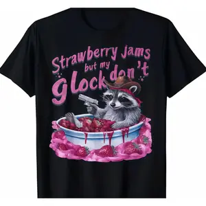Shirts Men Playful Raccoon Cowboy T-ShirtWith Strawberry Jams And Toy Gun Fun.