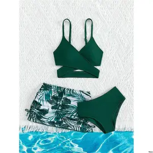 tiktokTweenGirlCrossWrapBikiniSetWithTropicalPrintBeachSkirtSummerBeach