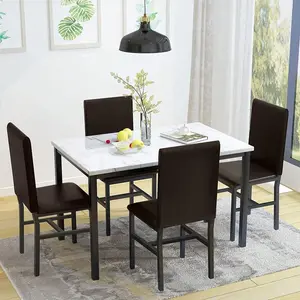 5 Pieces Faux Marble Dining Table  With 4 Upholstered PU Leather Chairs, Modern Dining  For 4, Kitchen Table And Chairs  For Dining Room, Breakfast Nook set White Glass Door Wardrobe Versatile Square Air Fryer Window