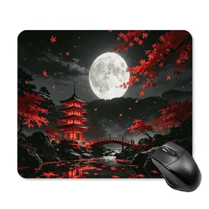 Japanese Art Gaming Mouse Pad Non-Slip Desk Mat with Red Maple & Pagoda Scene, Gaming Mousepad Waterproof Office Desk Pad for Gamer & Work, 9.8"× 11.8"