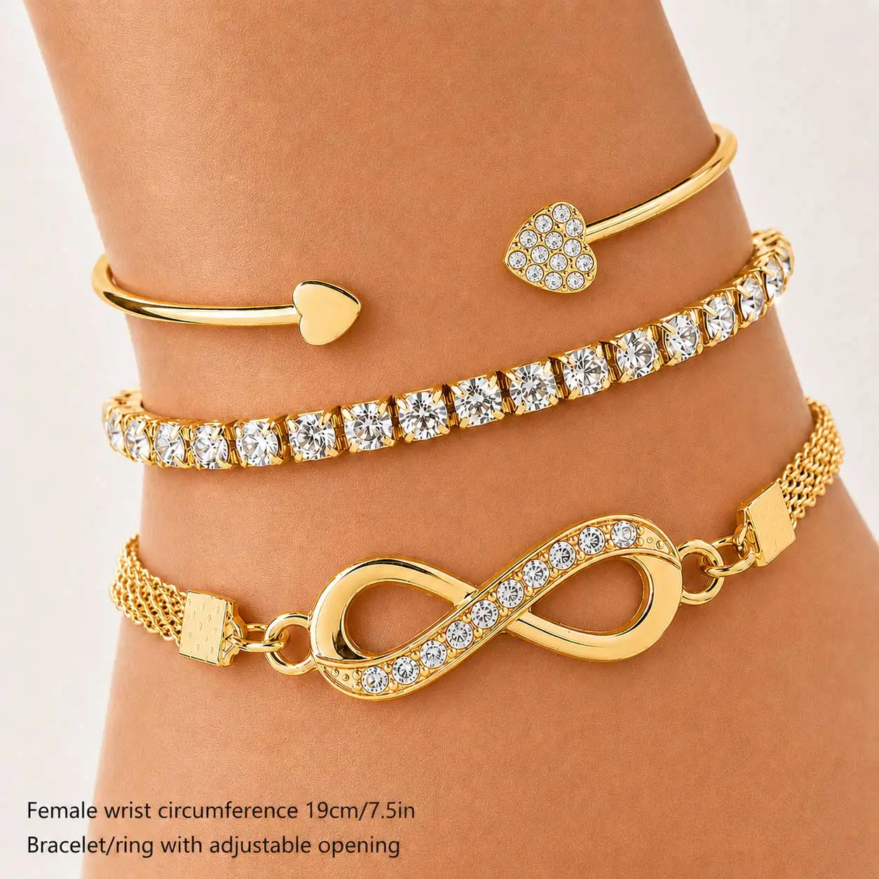 3pcs Women’s Bracelet Set, Rhinestone Infinity Bracelet, Tennis Bracelet Chain, Open Bangle Bracelet, Stackable Bracelets for Women, Trendy Fashion Jewelry, Elegant Daily Wear Accessories, Party Jewelry Gift for Girlfriend