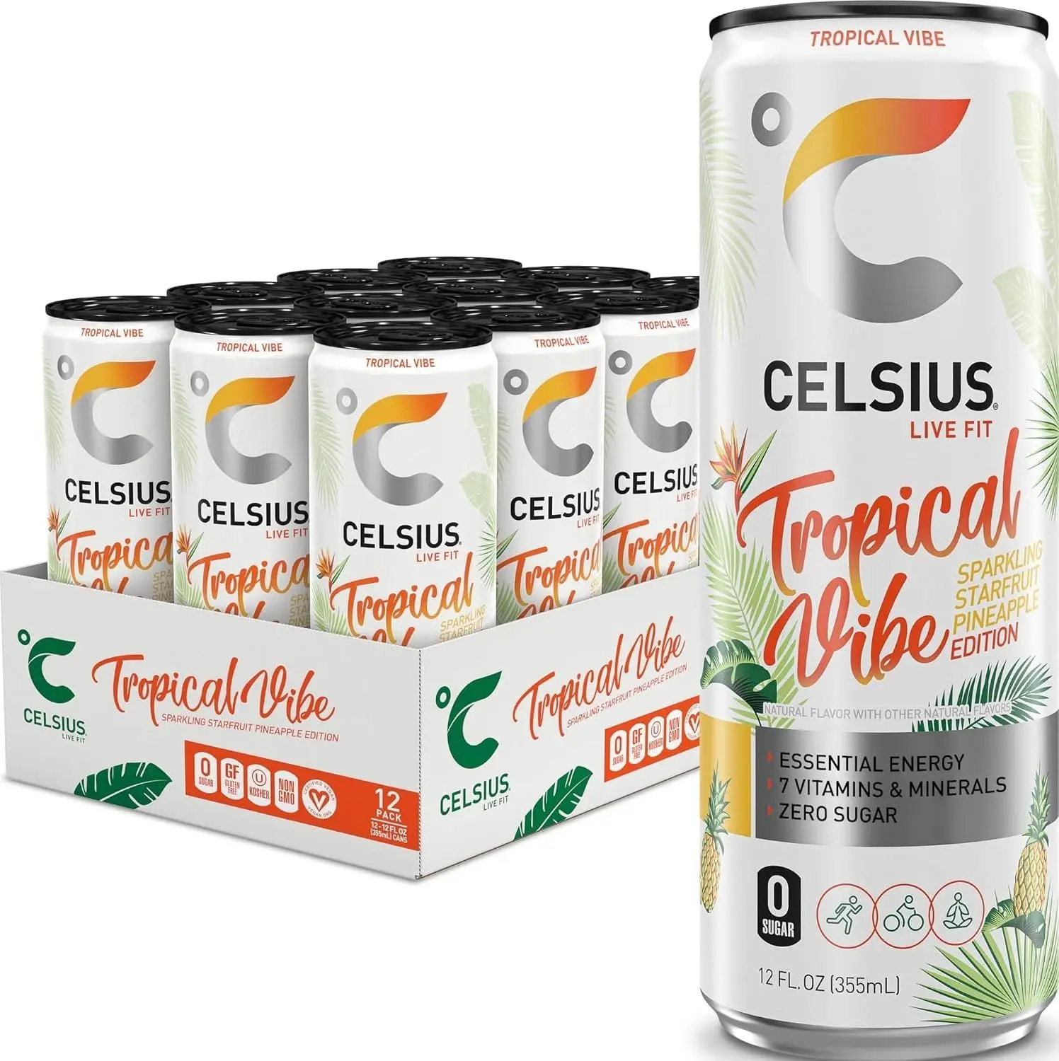 CELSIUS GALAXY VIBE Sparkling Strawberry Watermelon, Sugar Free Energy Drink, 12 Fl Oz (Pack of 12)