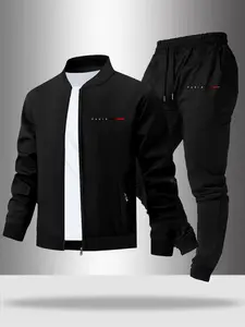 Men's Letter Gradient Print Casual Jacket Set, Soft Fabric, Zipper Design, Fitted Sport Pants, Spring & Fall Fashion, Athletic Activewear Tracksuit, Workout Set, Youth and Adult