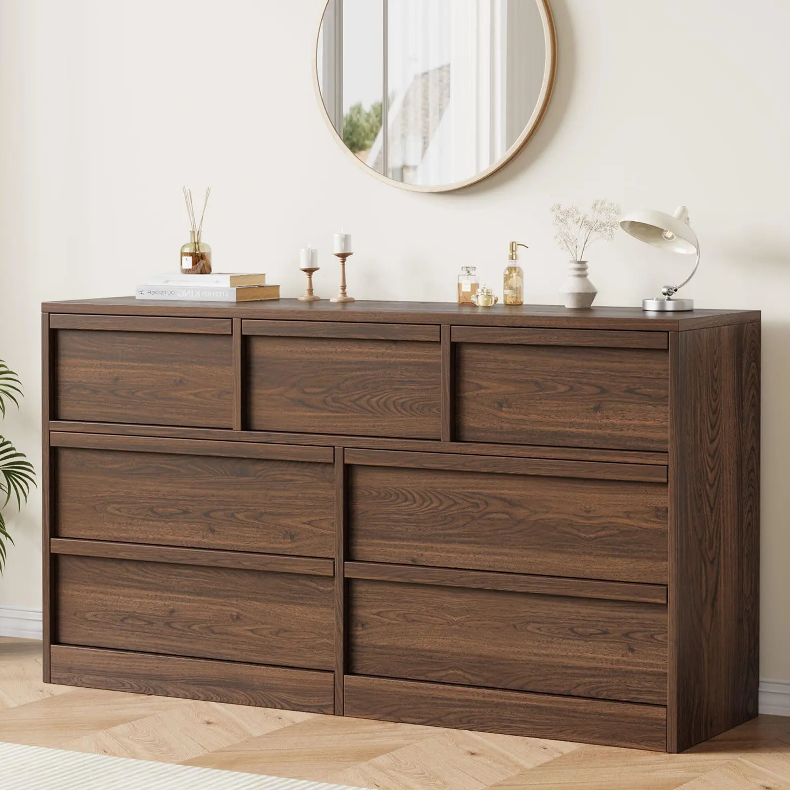 Modern Wide 8-Drawer Dresser Cabinet - 54in Natural Oak & Antique White Wooden Style Bedroom Furniture, Large Multi-Drawer Storage for Bedroom Organization, Living Room