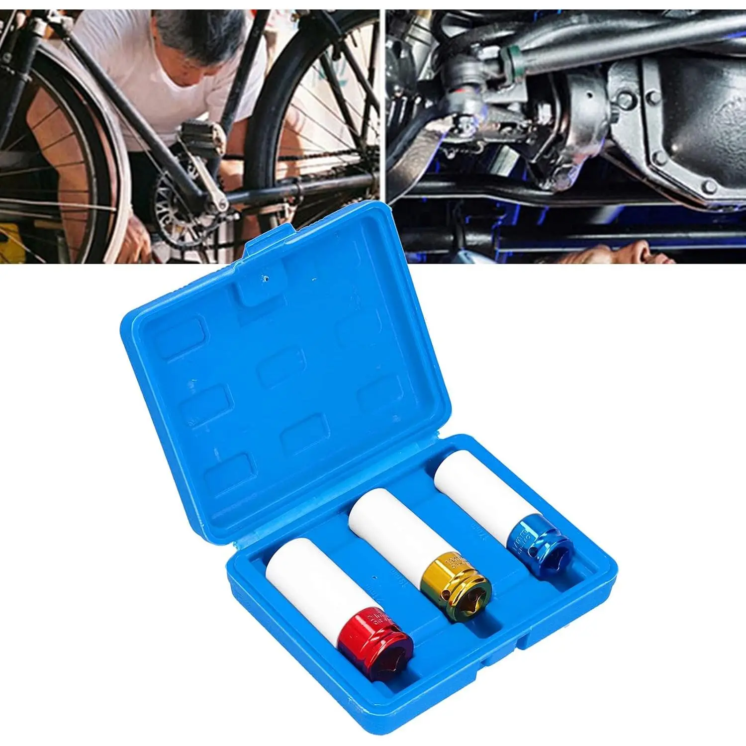 1/2-Inch Drive Deep Impact Socket Set, 3-Piece C45 Steel Thin-Wall Metric Sockets (17mm,19mm,21mm) with Wheel Protection Design, Nut Removal Tool with Carrying Case
