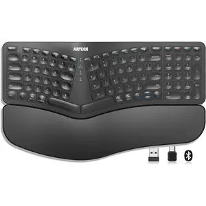 Arteck Ergonomic Keyboard with Cushioned Wrist Palm Rest, Multi-Device Wireless Bluetooth with USB-A USB-C Receiver Comfortable Ergonomic Split