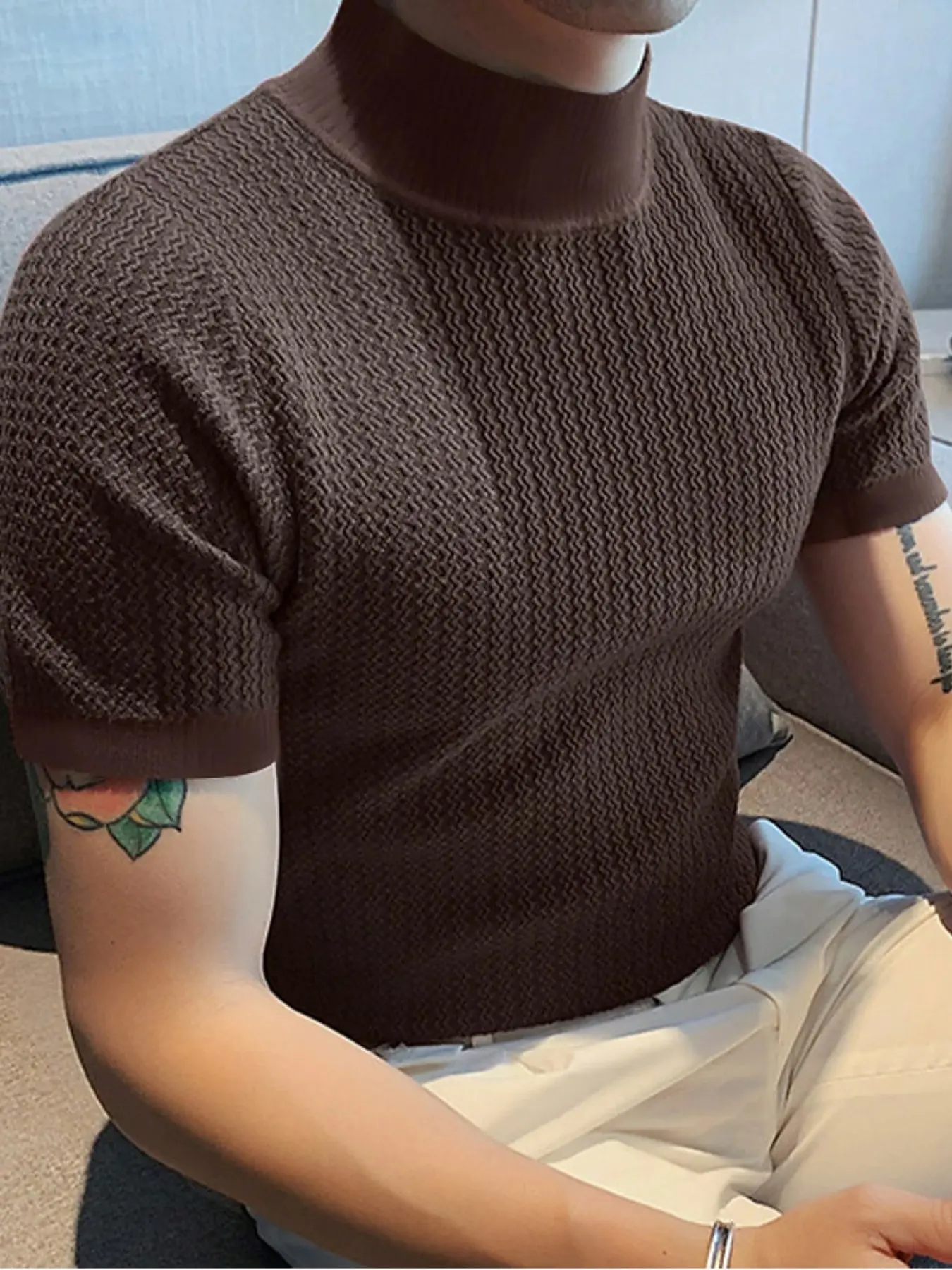 Men's solid-color water ripple knitted short-sleeved T-shirt, Casual Summer Tee, regular style, casual sports, outdoor travel and daily wear, neutral and simple design, essential item for men's wardrobes, Menswear, Streetwear, Tops, Casual Fashion Tee