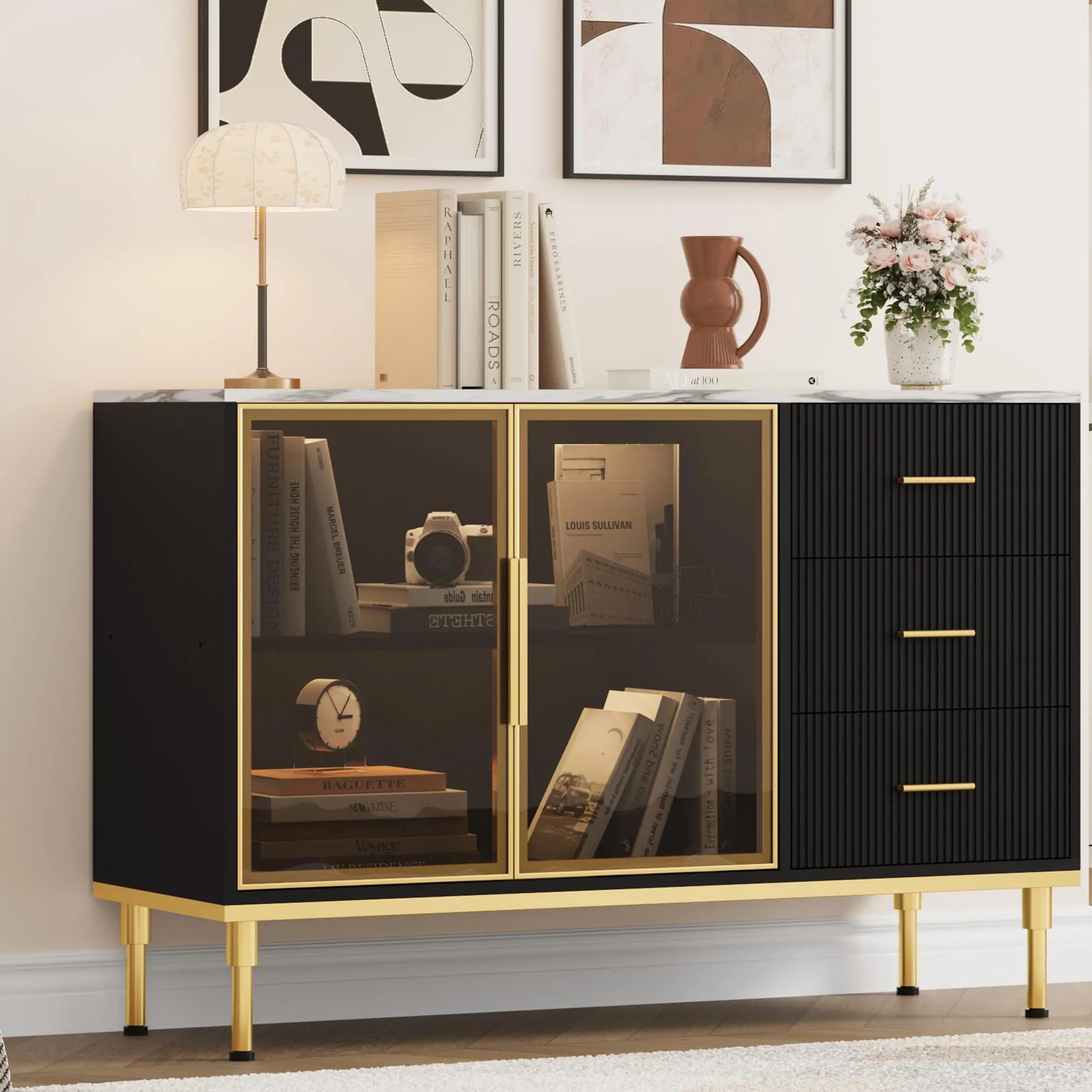 Garvee Modern Fluted Alloy Kitchen Sideboard Cabinet - 46.5"w x15.7"d x30.7"h, 89 lbs, Floor Mount, High Gloss Glass Doors, 3 Drawers, Marble Top, Engineered Wood, Ample Storage, Durable, Assembly Required, for Dining Room, Living Room, Black, Fluted Pane