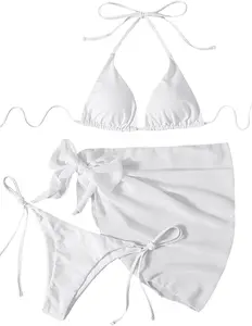 Women's 3 Piece Bathing Suit Triangle Bikini Swimsuit Halter with Cover Up