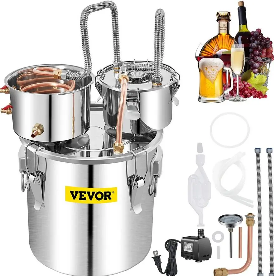 VEVOR Alcohol Still Moonshine Still Stainless Steel Water Alcohol Distiller Copper Tube Home Brewing Kit - 5Gal3Pots - Silver