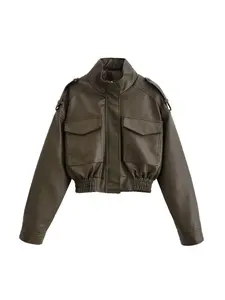 Women's Stand Collar Long Sleeve Zipper Slim Jacket, Multi-Pocket Faux Leather Woven Biker Coat, Casual Short Style for Fall & Winter, Outerwear