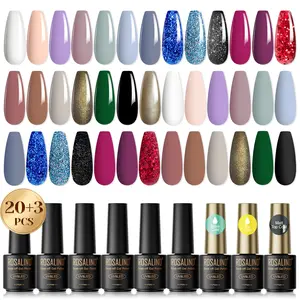 ROSALIND 23PCS Gel Nail Polish Set Need Uv Nail Lamp to Dry Bright Colors Glitter Flash Gel Polish Classic Collections with Base  Coat and No-wipe Matt Top Coat Glitter Effect High Shine DIY Home Slaon Manicure Gifts