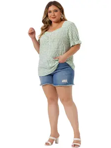 Agnes Orinda Plus Size Gingham Sweetheart Neck Button Cute Plaid Blouse