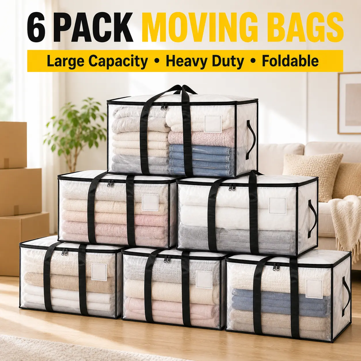 Heavy-Duty Moving Bag Organizers, Extra-Large 24-Gallon Foldable PE Storage Bags with Reinforced Carry Handles, Double-Zipper Openings, and Label Pockets, Reusable Alternatives to Moving Boxes for Clothes, Bedding, Books, Toys, and Home Organization