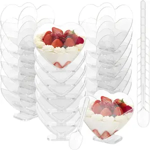 100 PCS Transparent Plastic Mini Dessert Cups, 2oz/5oz Heart-Shaped Parfait Cups Essential for Weddings, Christmas Parties, Birthday Celebrations & Holidays Perfect for Pudding, Fruit, Mousse, Ice Cream & Appetizer Bowls Set (50 Cups + 50 Spoons)