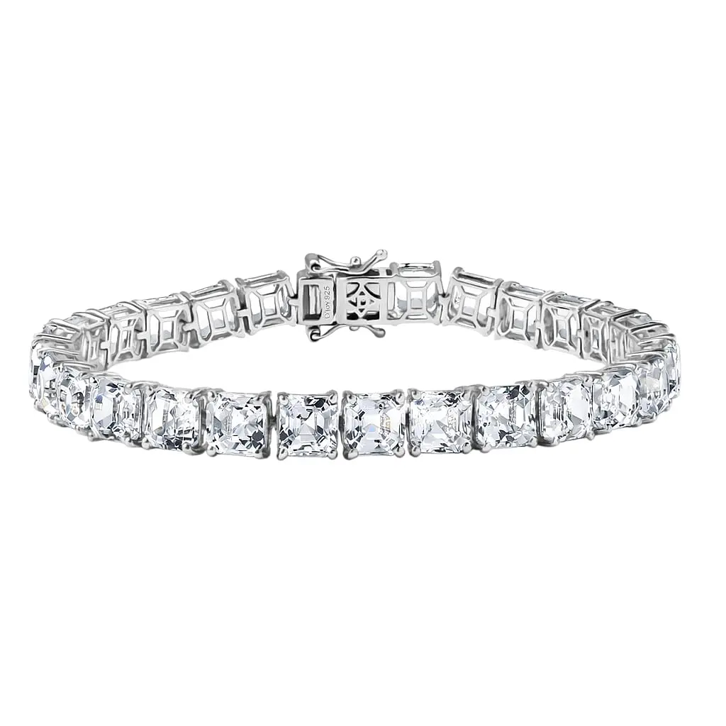 D'Joy Premium Asscher Cut White Topaz Eternal Spark Bracelet in Rhodium Over Sterling Silver (7.25 In) 39.70 ctw