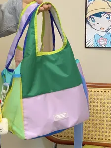 Dopamine Colorblock Mesh Patchwork Tote Bag for Women, Large Capacity Waterproof Nylon Shoulder Bag, Lightweight Commute Shopping Bag