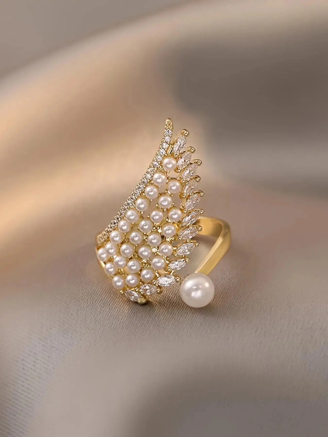 Women's Elegant Faux Pearl & Rhinestone Decor Promise Ring, Promise Ring Gf, Ballerina Ring, Exquisite Trendy Wing Design Wedding Ring, Fashionable Luxury Jewelry for Women As Gift, Elegant Fashion Rings