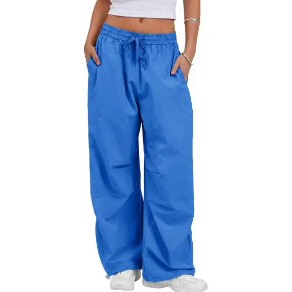 Fisoew Women's Wide Leg Cargo Pants - Drawstring Adjustable Elastic Waisted Athletic Bottoms, Baggy Basic Outdoor Hiking Trackpants with Pockets, Hoodie, Crop, Smooth, Streetwear, Casual, Fit