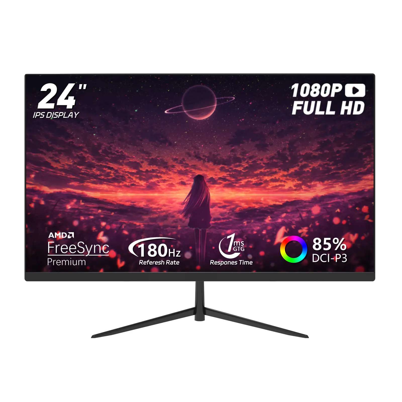 24-Inch FHD 1080P Gaming Monitor 180Hz 1ms Fast IPS, 100% sRGB, HDR, Eye Care, Metal Stand, HDMI DP, VESA Mount for Esports & Gaming Setup
