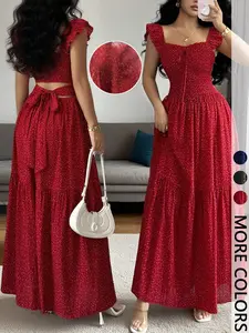 1 Piece Spring & Summer Ruffled Square Neck Polka Dot Maxi Dress , Back Tie Design Retro Sweet Style for Date Nights and Vacation,Waist-Cinching Slimming Romantic Girl Style for Parties and Daily Outings
