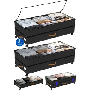 Under Bed Storage with Wheels 2-Pack, 75L XXL Under the Bed Storage Containers Large, 12" Tall Adjustable Storage for Underbed with , Rolling for Clothes, Shoes, Blankets (Black)