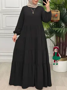 ZANZEA Women's Casual Ruched Long Dress, Round Neck Long Sleeve Layered Patchwork Cake Design, Loose Fit Woven Fabric for Daily Hijabi Cute Dresses