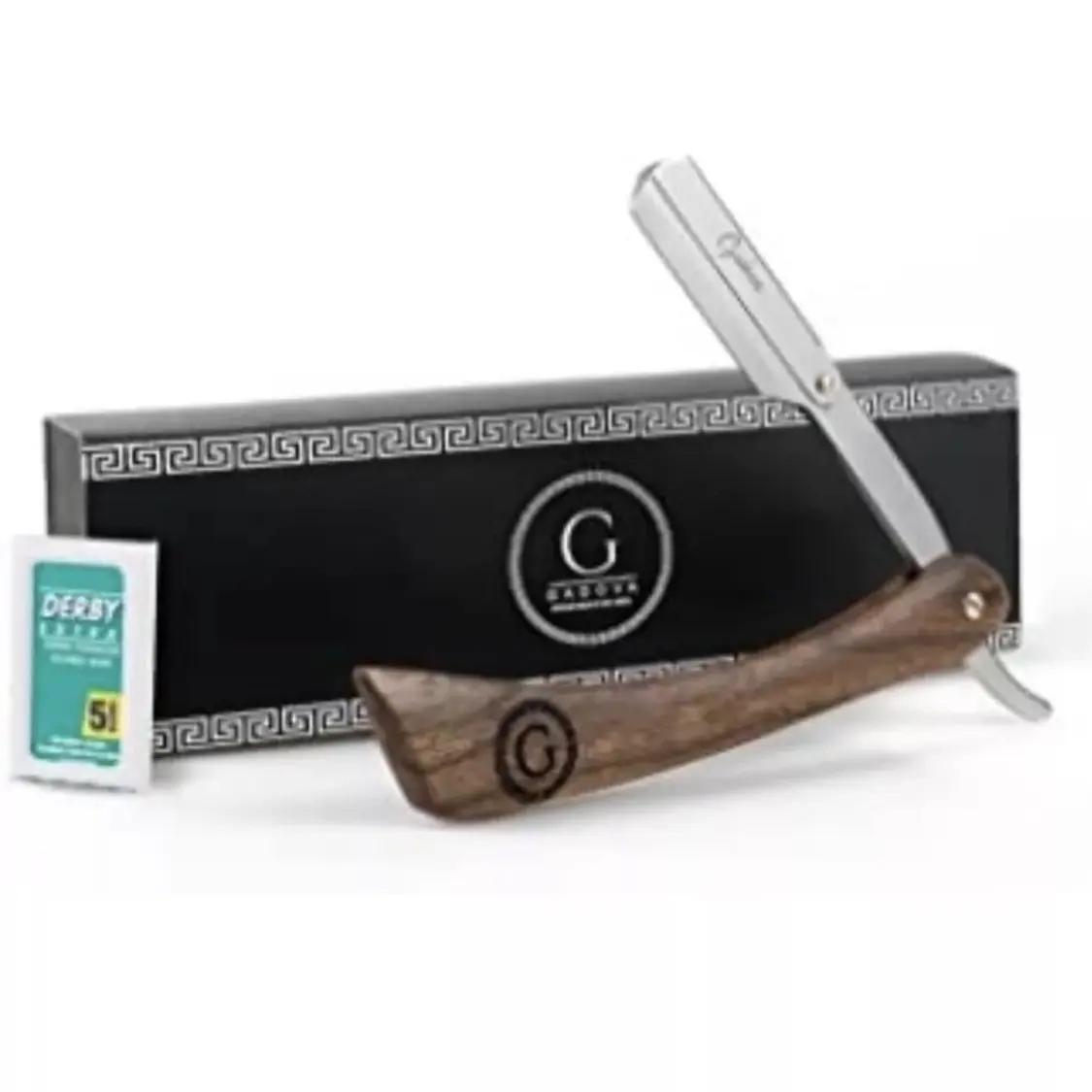 Professional Barber Salon Stainless Steel Straight Edge Beard line up detailing Shaving Razor Natural Wood Handle and 5 Double Edge Blades