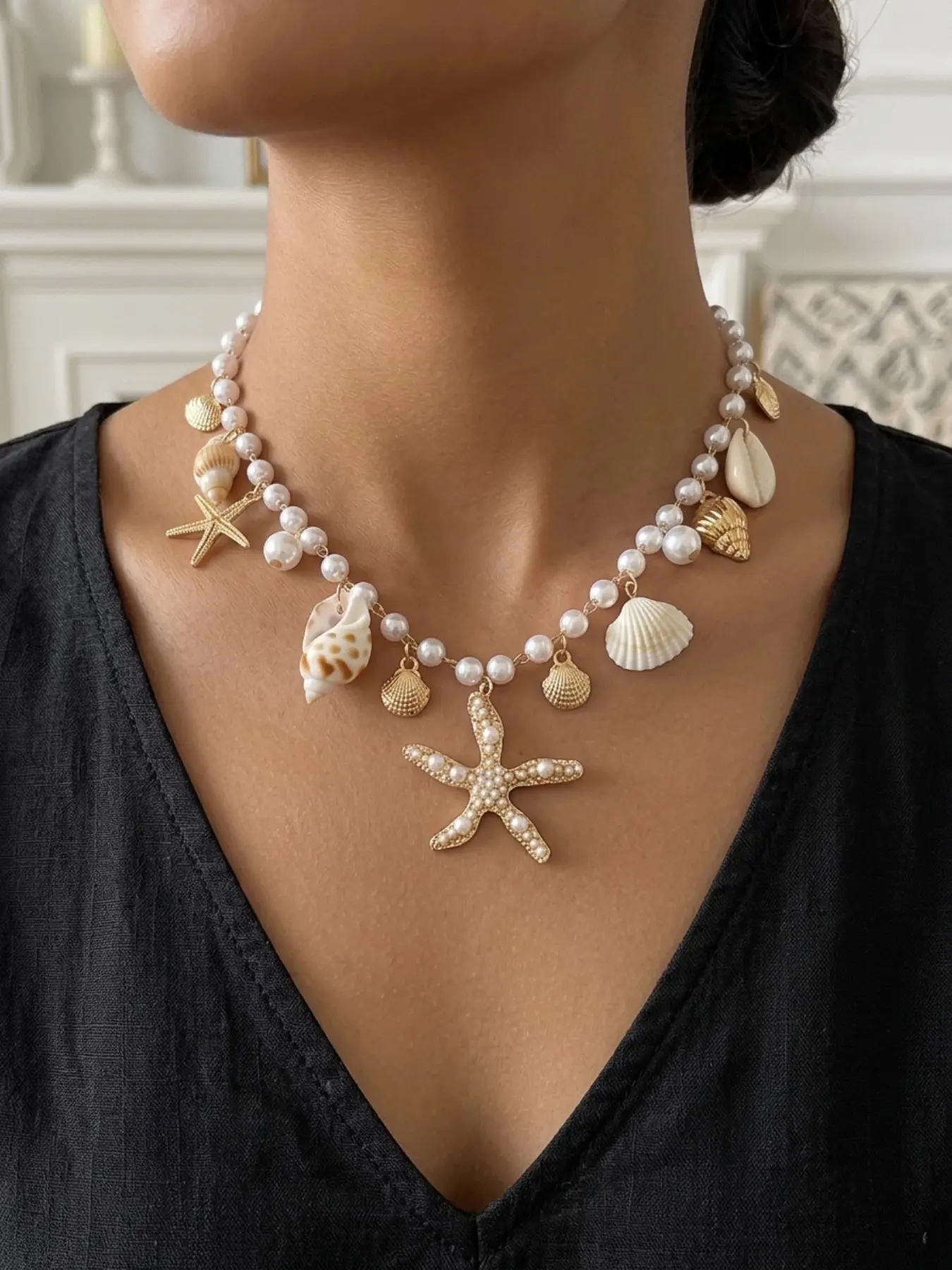 Bohemian summer beach ocean style seashell necklace for women, pearl starfish and conch jewelry, Dangling Pearl Necklace, Pearl Embellished