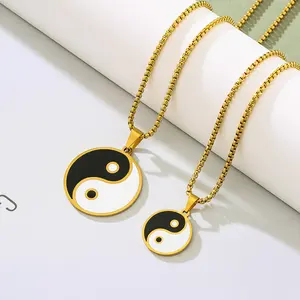 Stainless steel dripping oil Tai Chi yin and yang pendant necklace, male and female couples black and white color Chinese style sweater chain with accessories